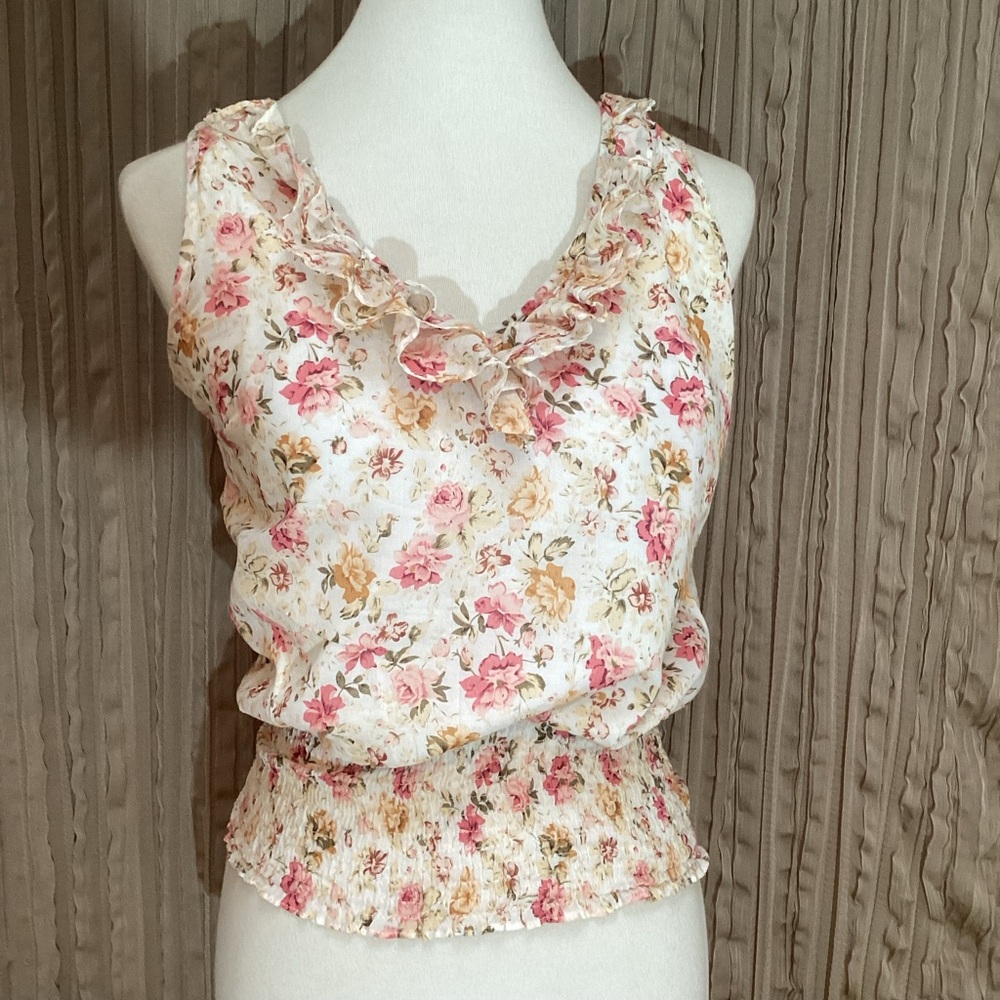 Xhilaration Floral Sleeveless Top, ruffle neckline, racerback, elastic waist, M